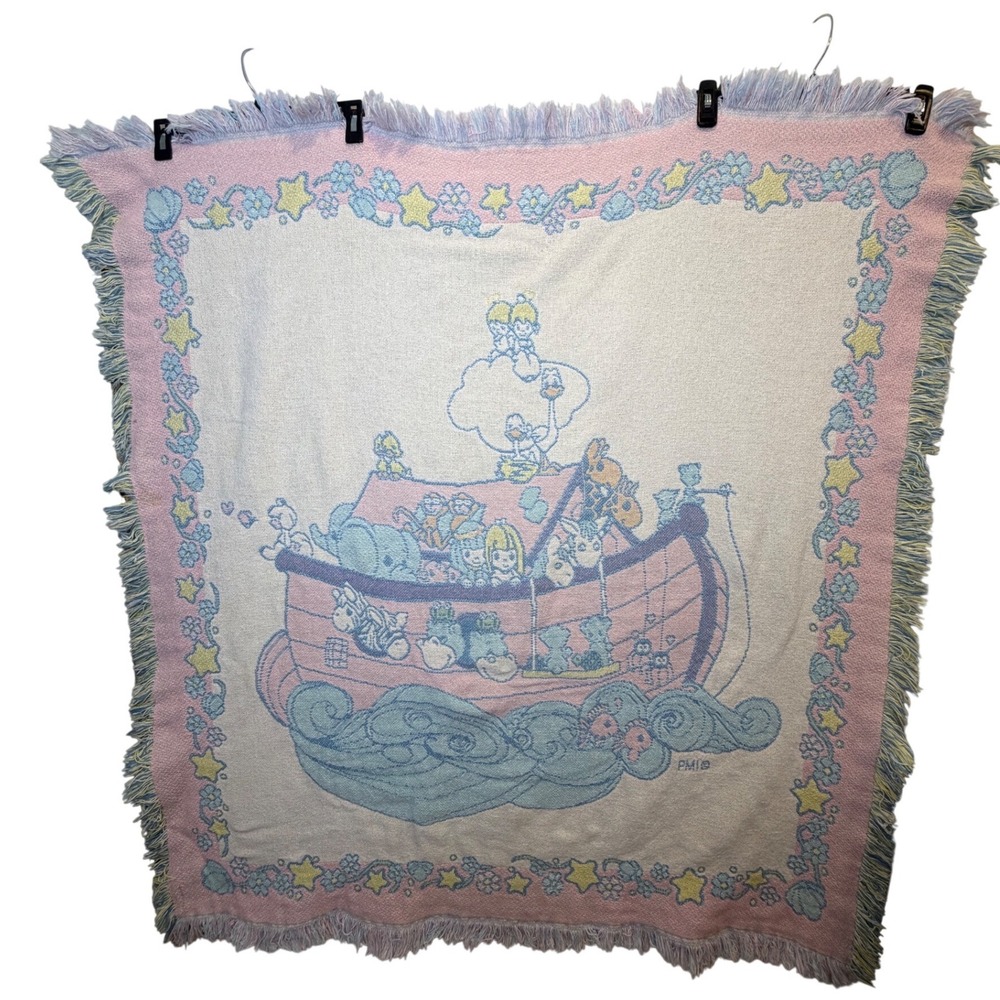 Vintage 1993 Precious Moments Noahs Ark Woven Tapestry Throw Blanket Rug Barn